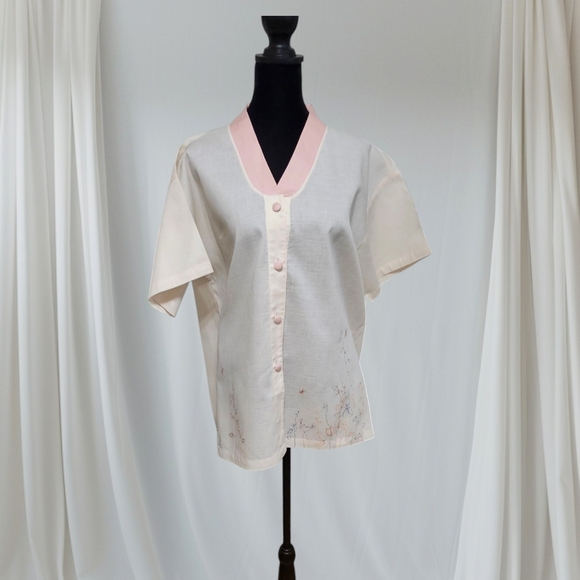 Korean Made Linen Cream and Pink Button-Up Blouse with Screen Print Design - Picture 2 of 9